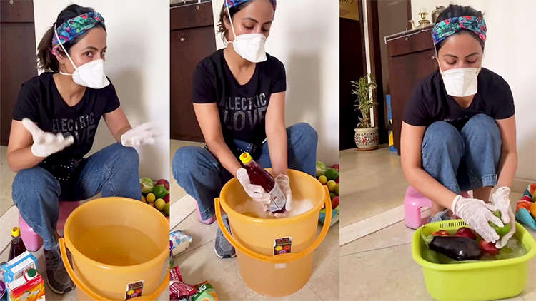 Hina Khan Teaches How To Sanitize Grocery Products