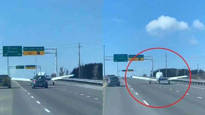 Video: Light aircraft lands on Canada highway, traffic continues to move