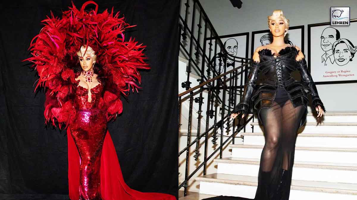 Cardi B Rocks Red Sequin Gown With Dramatic Feather Cloak